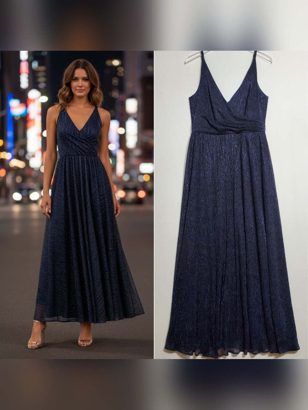 New Dress the population large Valentina metallic maxi gown blue v neck cocktail